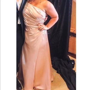 David's Bridal One-Shoulder Satin Dress in Champagne